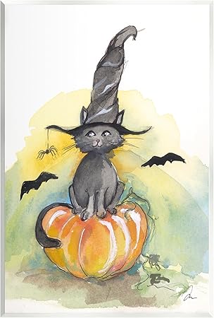 Stupell Industries Witch Cat on Pumpkin Wall Plaque Art Design by Jessica Mingo