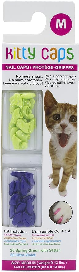 Kitty Caps Nail Caps for Cats Safe, Stylish & Humane Alternative to Declawing Stops Snags and Scratches, Medium (9-13 lbs), Spring Green with Glitter & Ultra Violet (Pack of 1)