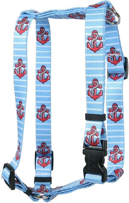 Yellow Dog Design Anchors on Blue Stripes Roman Style H Dog Harness, X-Large/1