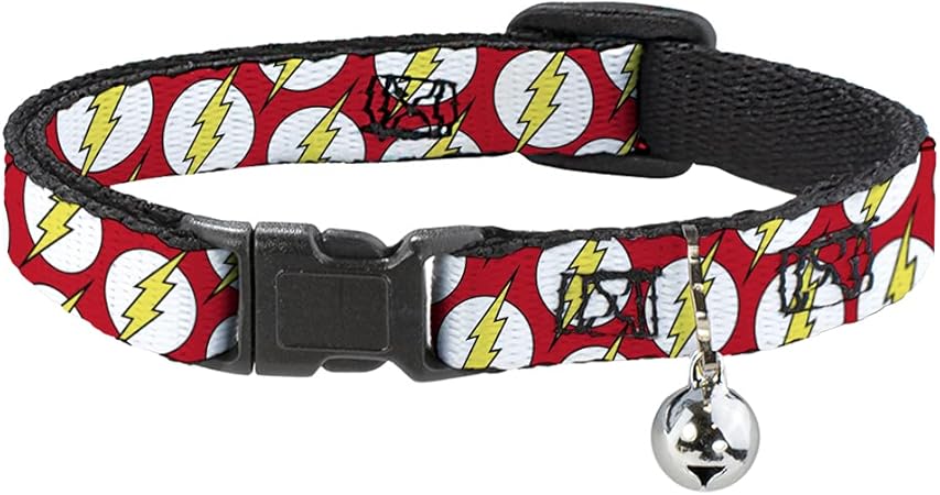 Buckle-Down Cat Collar Breakaway Flash Logo Scattered Red White Yellow 8 to 12 Inches 0.5 Inch Wide