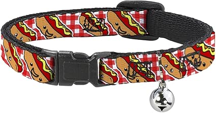 Cat Collar Breakaway Hot Dogs Buffalo Plaid White Red 8 to 12 Inches 0.5 Inch Wide