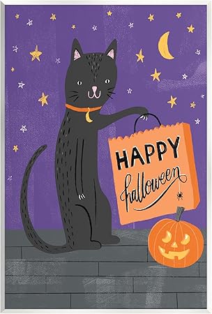 Stupell Industries Happy Halloween Black Cat Wood Wall Art, Design by Amanda McGee