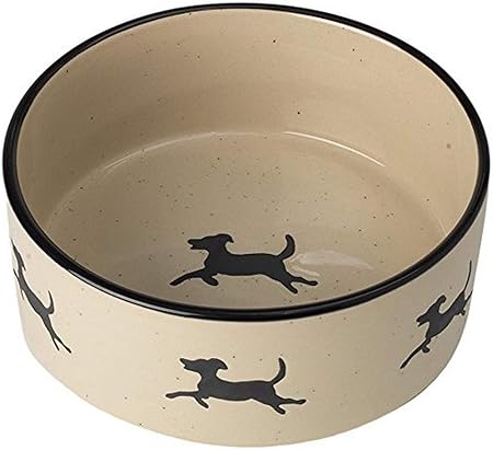 PetRageous 14025 Chasing Dogs Stoneware Food or Water Bowl with 6 Cup Capacity 7 Inch Diameter by 3 Inch Tall Great for Medium Dogs or Large Dogs, Black and Natural,Brown