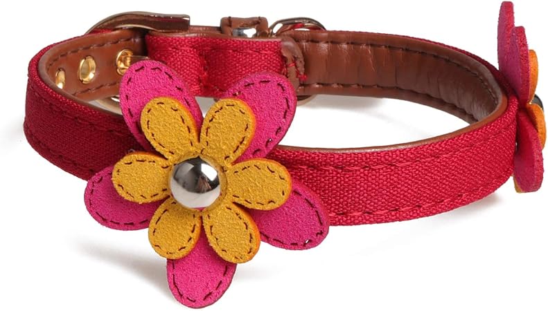 Axgo Adjustable Cute PU Leather Cat Collar with Adorable Flowers, 1.3 x 32cm, Red