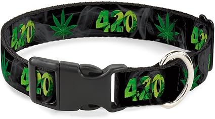 Buckle-Down Plastic Clip Collar - 420 Pot Leaf Black Smoke Green - Narrow-Small 6-9