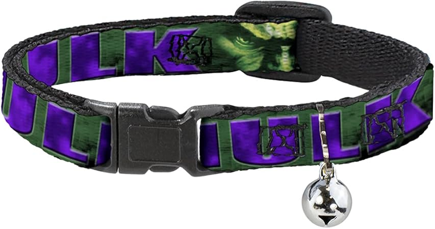 Cat Collar Breakaway Hulk Face Close Up Action Pose Greens Purples 8 to 12 Inches 0.5 Inch Wide