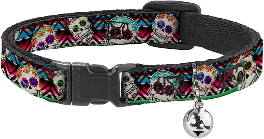 Buckle-Down Cat Collar Breakaway Sugar Skulls Zarape Multi Color 8 to 12 Inches 0.5 Inch Wide