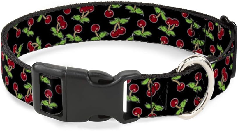 Buckle-Down Cat Collar Breakaway Cherries Scattered Black 9 to 15 Inches 0.5 Inch Wide