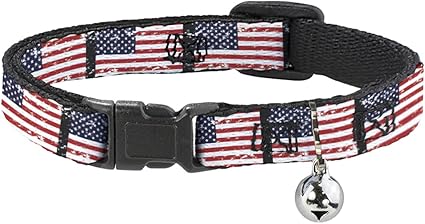 Cat Collar Breakaway United States Flags Weathered Black 8 to 12 Inches 0.5 Inch Wide