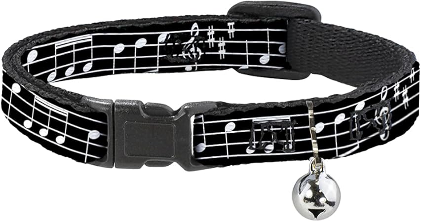 Cat Collar Breakaway Music Notes Black White 8 to 12 Inches 0.5 Inch Wide