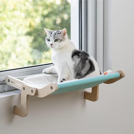 Cat Window Perch Cat Window Hammock Seat for Indoor Cats Sturdy Adjustable Steady Cat Bed Providing All-Around Sunbath Space Saving Washable Holds Up to 40 lbs (Blue with pad)