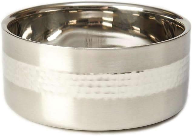 PetRageous 18436 Sanibel Stainless-Steel Hammered Double Walled Dog Bowl 6.69-Inch Width and 3-Inch Height 4.6-Cups Capacity, Metallic