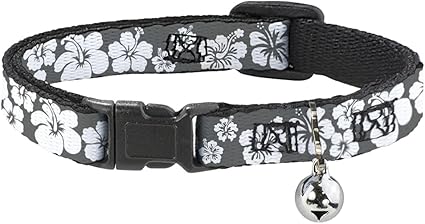 Buckle-Down Cat Collar Breakaway Hibiscus Gray White 8 to 12 Inches 0.5 Inch Wide