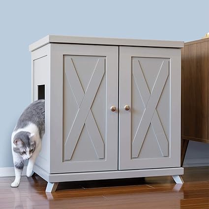 THE REFINED FELINE Cat Litter Box Enclosure Cabinet, Hidden Litter Tray Cat Furniture, Large + XLarge, Farmhouse Style, Smoke Gray Color