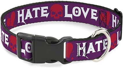 Buckle-Down Cat Collar Breakaway Love Hate Purple White Fuchsia 9 to 15 Inches 0.5 Inch Wide