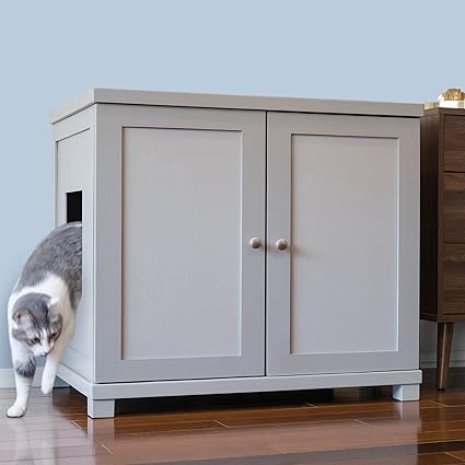 THE REFINED FELINE Cat Litter Box Enclosure Cabinet, Hidden Litter Tray Cat Furniture, Large + XLarge, Modern Style, Smoke Color