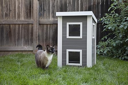 New Age Pet ECOFLEX Outdoor Cat Townhouse, Grey - Weather-Resistant Kitty Shelter, Spacious & Durable Wood Alternative, Ideal for Outdoor Felines