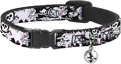 Cat Collar Breakaway Heart Cross Bones Skulls Splatter Black White 8 to 12 Inches 0.5 Inch Wide