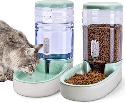 Automatic Dog Cat Feeder and Water Dispenser Gravity Food Feeder and Waterer Set with Pet Food Bowl for Small Medium Dog Puppy Kitten, Large Capacity 1 Gallon x 2