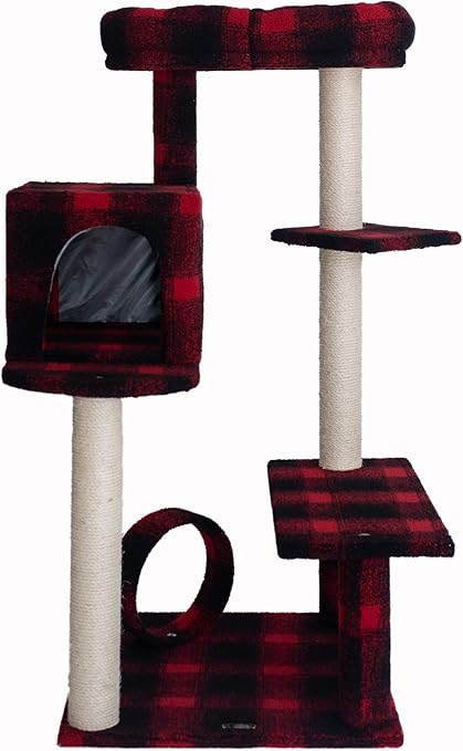 Armarkat Model B5008 50-inch Real Wood Cat Tree with Veranda, Bench, Mini Perch, and Spacious Lounger in Scotch Plaid, Black/Red, 31