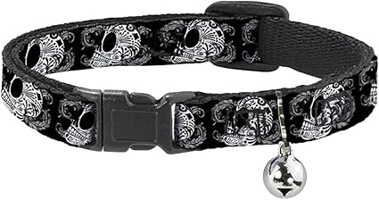 Cat Collar Breakaway Tattoo Skull Floral Black White 8 to 12 Inches 0.5 Inch Wide