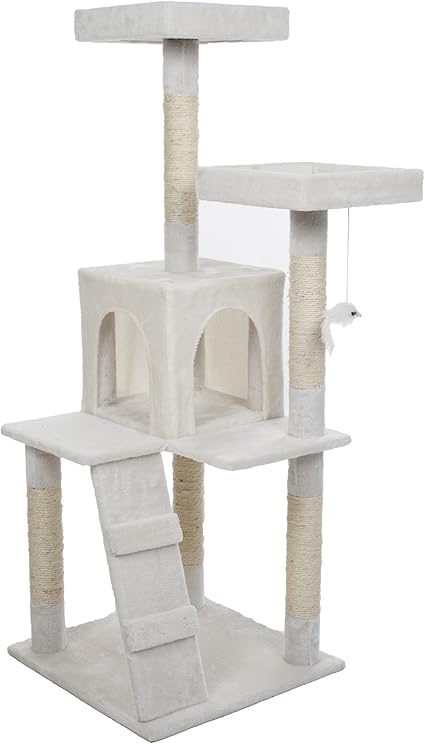 4-Tier Cat Tower - Napping Perches, Cat Condo with Ladder, 5 Sisal Rope Scratching Posts, Hanging Toy – Cat Tree for Indoor Cats by PETMAKER (White)