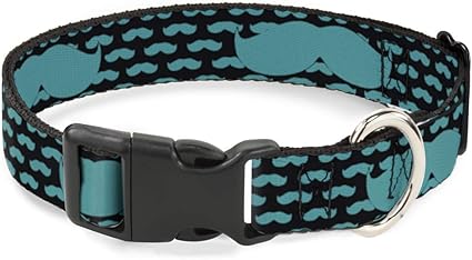 Cat Collar Breakaway Mustaches Mini Single Repeat Black Turquoise 6 to 9 Inches 0.5 Inch Wide