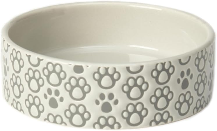 PetRageous 18428 Paws Shallow Round Stoneware Dog Bowl 5-Inch Width and 1.5-Inch Height 1.5-Cups Capacity, Grey