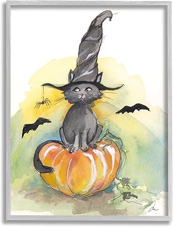 Stupell Industries Witch Cat on Pumpkin Gray Framed Giclee Art Design by Jessica Mingo