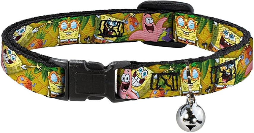 Buckle-Down Cat Collar Breakaway Spongebob Patrick Starfish Poses Pineapple Gold, Multicolor, 1/2