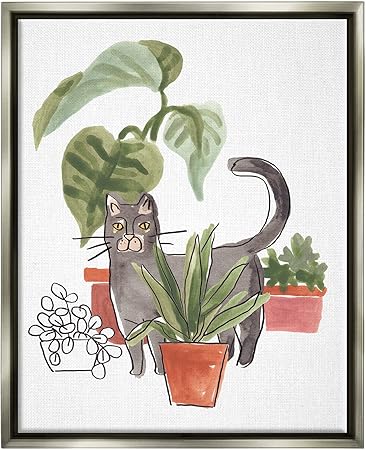 Stupell Industries Grey Cat Pet Terracotta House Plants Tropical Monstera, Design by June Erica Vess