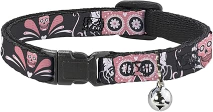 Cat Collar Breakaway Sugar Skulls Gray Pink 8 to 12 Inches 0.5 Inch Wide