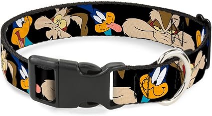 Buckle-Down Road Runner/Wile E. Coyote Expressions CloseUp Black Plastic Clip Collar, Small/9-15