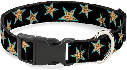 Buckle-Down Plastic Clip Collar - Multi Stars Black/Leopard/Baby Blue Outline - 1/2