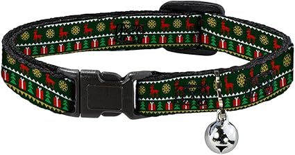 Buckle-Down Cat Collar Breakaway Christmas Sweater Stitch Green White Gold Red 8 to 12 Inches 0.5 Inch Wide