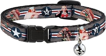 Buckle-Down Cat Collar Breakaway Pin Up Girl Poses Close Up Star Stripes Gray Blue White Red 8 to 12 Inches 0.5 Inch Wide