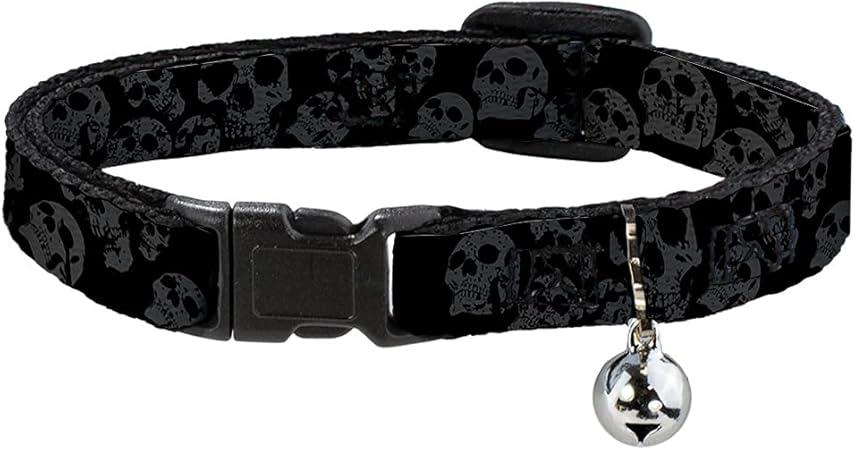 Cat Collar Breakaway Skulls Stacked Weathered Black Gray 8 to 12 Inches 0.5 Inch Wide