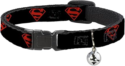 Cat Collar Breakaway Superboy Shield Black Red 8 to 12 Inches 0.5 Inch Wide