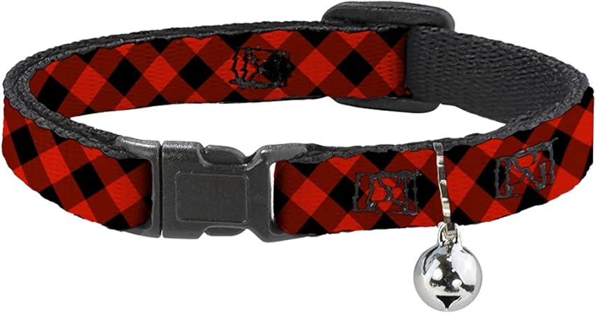 Cat Collar Breakaway Diagonal Buffalo Plaid Black Red 8 to 12 Inches 0.5 Inch Wide