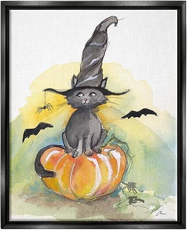 Stupell Industries Witch Cat on Pumpkin Black Framed Floater Canvas Wall Art Design by Jessica Mingo