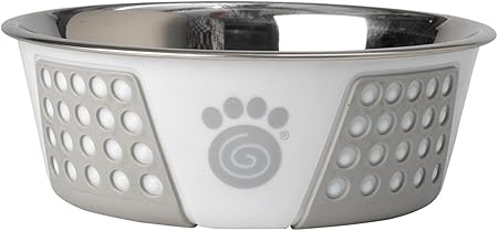 PetRageous 13095 Fiji Stainless Steel Non-Slip Dishwasher Safe Dog Bowl 3.75-Cup Capacity 6.75-inch Diameter 2.5-inch Tall for Medium and Large Dogs, White and Grey