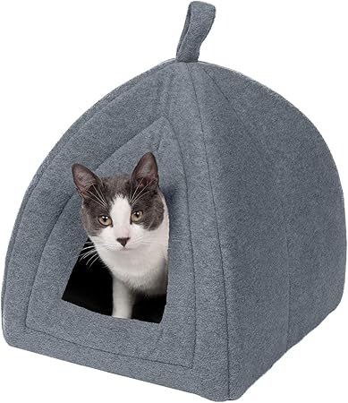 Furhaven Cat Bed Cave for Indoor Cats & Small Dogs, Washable & Foldable w/ Removable Cushion - Polar Fleece Pet Tent - Heather Gray, Small