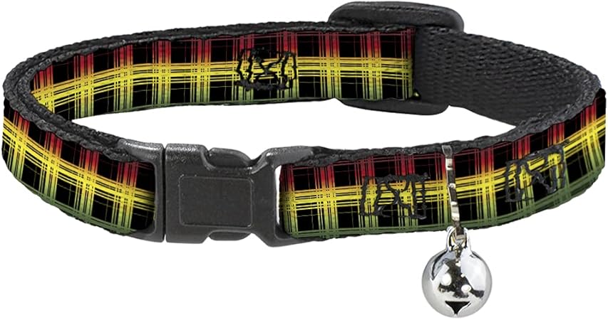 Cat Collar Breakaway Plaid Black Rasta 8 to 12 Inches 0.5 Inch Wide