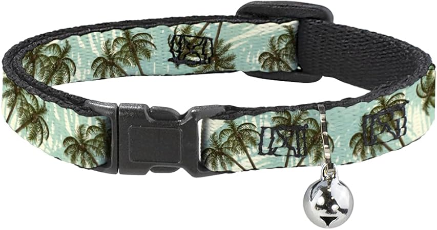 Buckle-Down Cat Collar Breakaway Palm Trees Swaying Tan Teal 8 to 12 Inches 0.5 Inch Wide