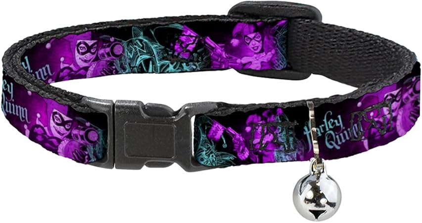 Cat Collar Breakaway Harley Quinn Pow Aiming Poses Joker Black Turquoise Fuchsia 8 to 12 Inches 0.5 Inch Wide