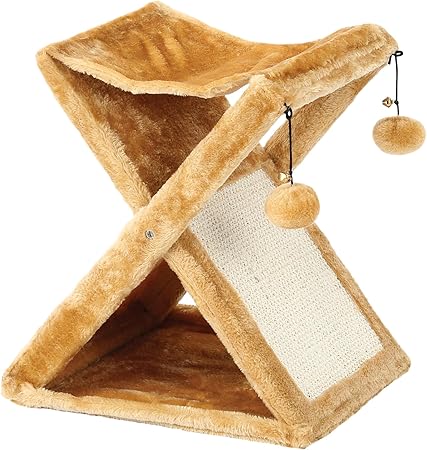 Foldaway Cat Play Tower and Scratching Post with Hanging Balls, Indoor Cat Interactive Toy for Play and Exercise.