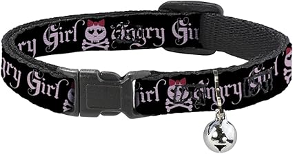 Buckle-Down Cat Collar Breakaway Angry Girl Black Pink 8 to 12 Inches 0.5 Inch Wide