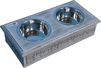 Iconic Pet Sassy Paws Wooden Pet Double Diner with Stainless Steel Food & Water Bowls for Dogs & Cats - Antique Gray -Small