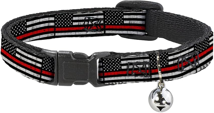 Buckle-Down Cat Collar Breakaway Thin Red Line Flag Weathered Black Gray Red 8 to 12 Inches 0.5 Inch Wide