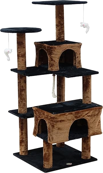 Go Pet Club Everyday Value 61in Cat Tree Kitty Scratcher Kitten Tower House Furniture with Two Condo Beds for Indoor Cats, Brown/Black